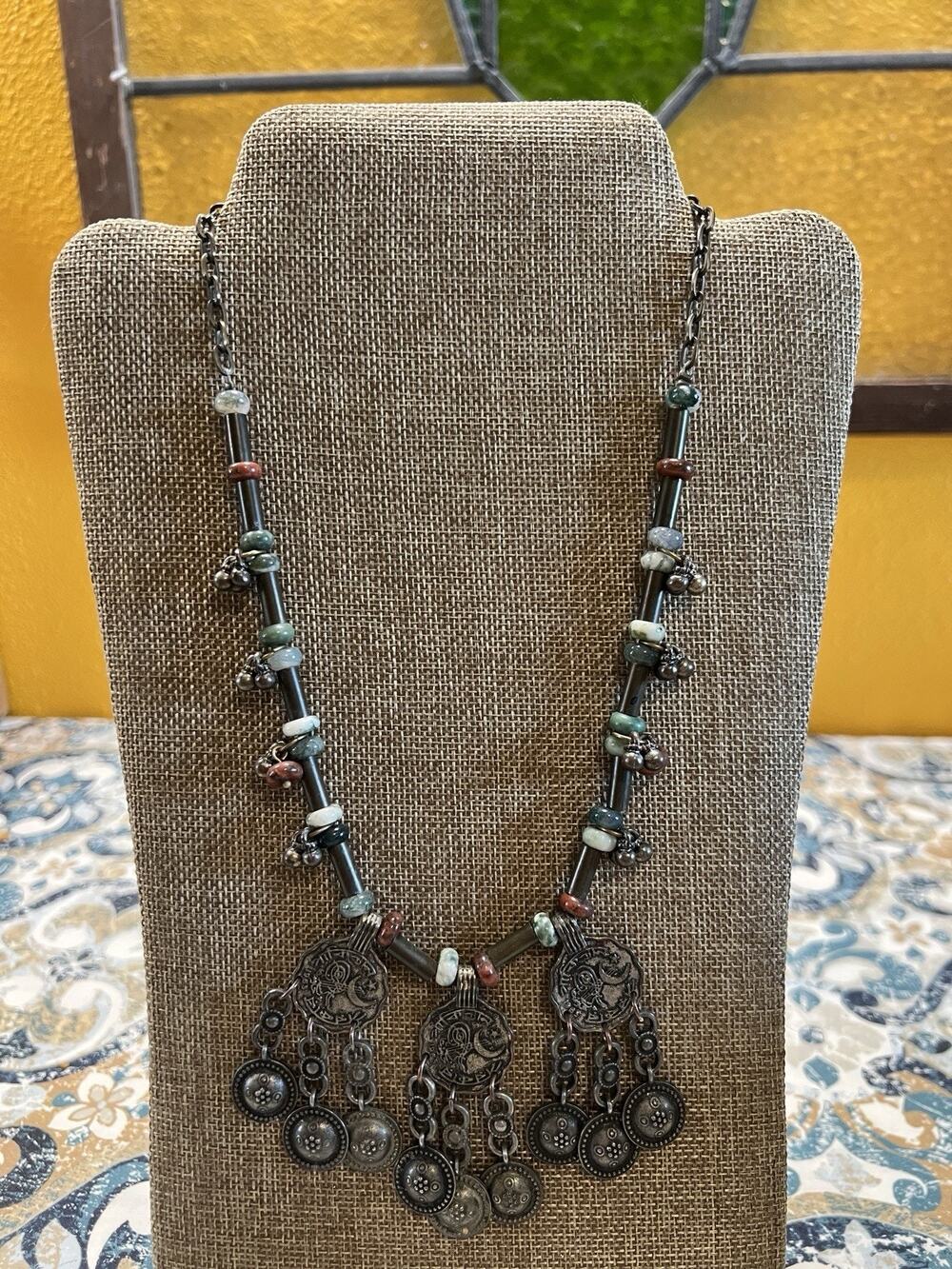 Free People Statement Necklace Boho Coin Medallion Dangle Beaded Mixed Metal FP